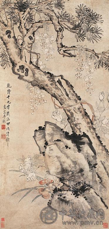 李鱓 甲戌(1754年)作 松石图 立轴 设色纸本