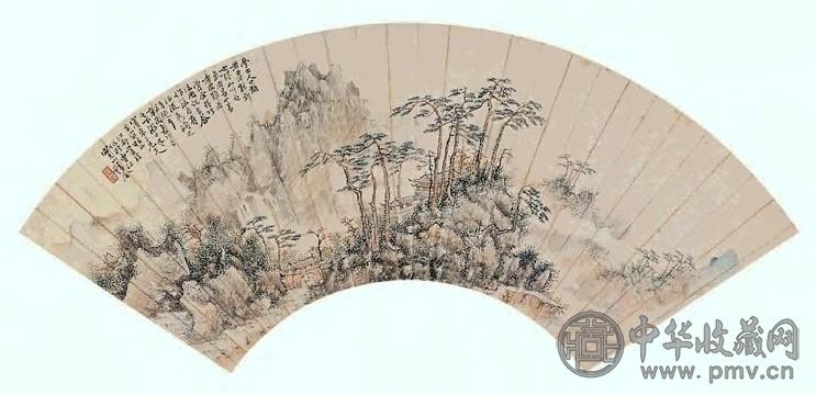 莲溪 古刹钟声 扇面 设色纸本