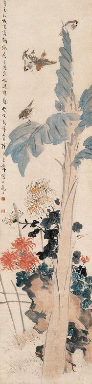 王师子 1942年作 芭蕉竹雀图 立轴 设色纸本