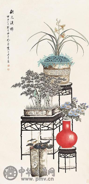 孔小瑜 甲申(1944年)作 秋光淡雅 立轴 设色纸本