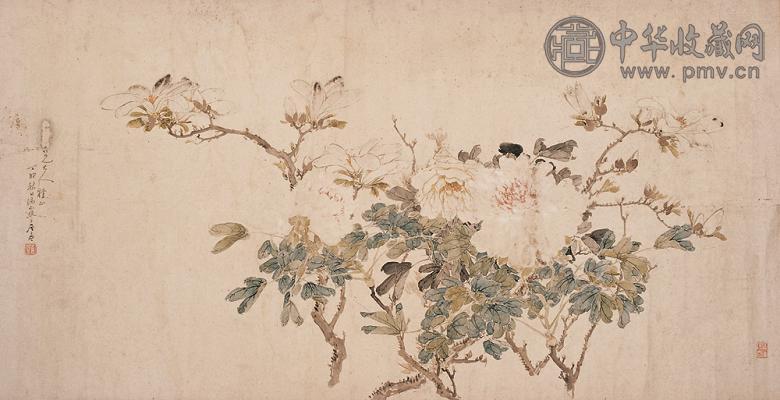 居廉 丁卯(1867年)作 花卉图 横幅 设色纸本