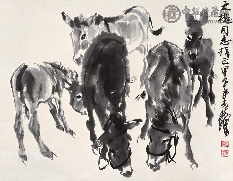 黄胄 甲子(1984年)作 五驴图 立轴 水墨纸本