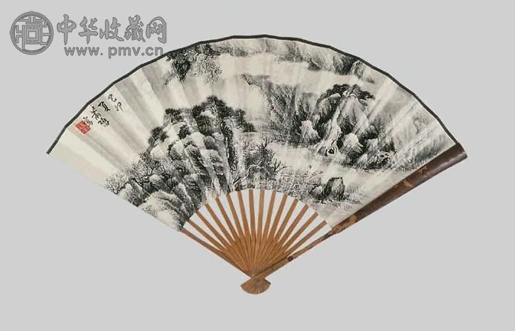 萧愻 山水 书法 成扇 纸本