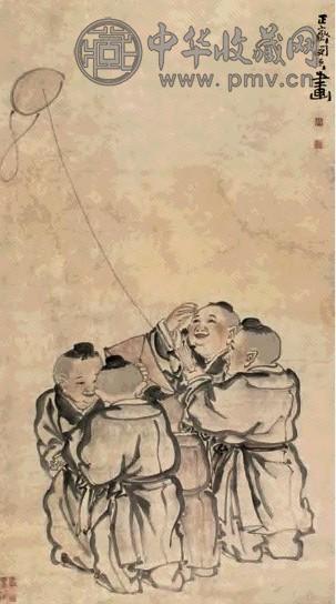 闵贞 儿童鸢图 立轴 设色纸本
