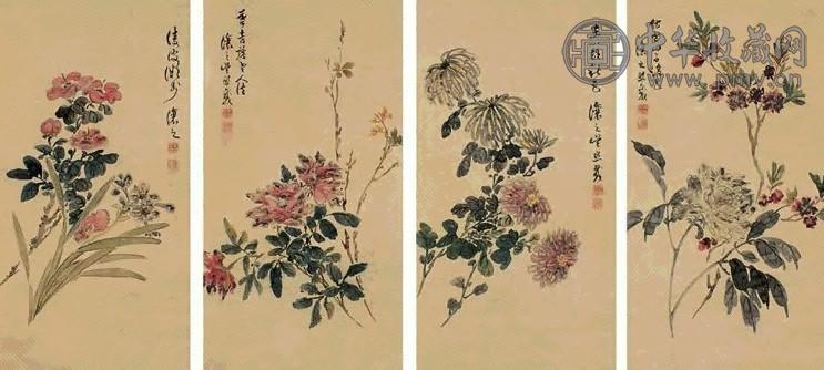 吴熙载 花卉图 四屏 设色纸本