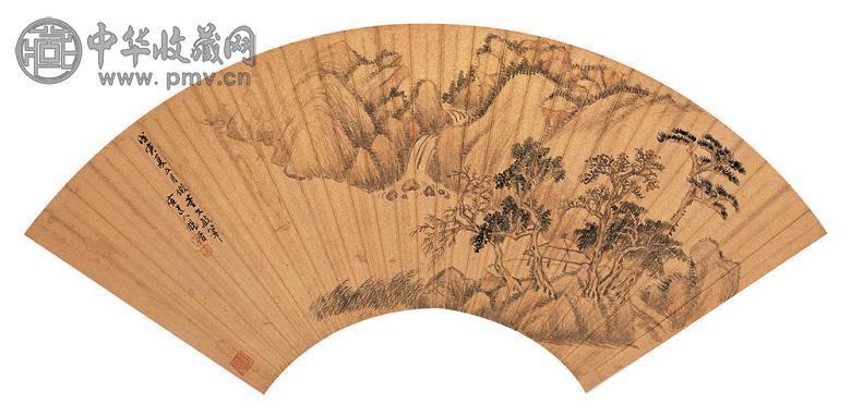 杨晋 1698年作 仿董文敏笔意山水 扇面 设色金笺