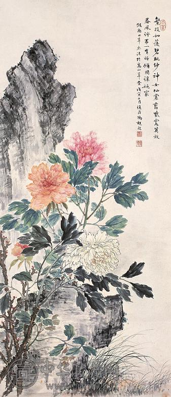 冯超然 戊寅(1938年)作 繁枝碧纱 立轴 纸本设色