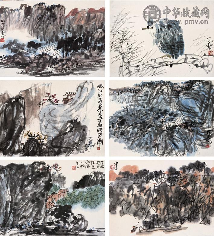 陈子庄 丙午(1966年)作 山水花鸟册 册页(8开选6) 设色纸本