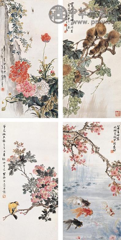 王云轩 孙葆羲 陈旧村等 1945年 1931年 1949年作 花鸟虫鱼图 四屏 设色纸本