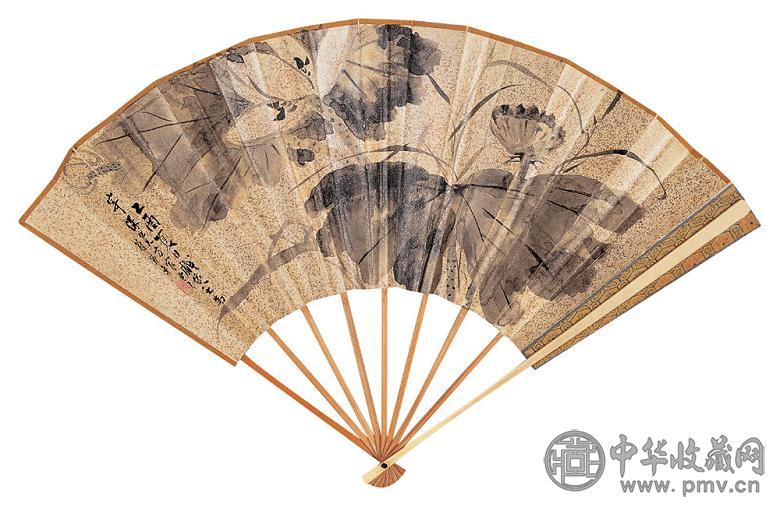 符铁年 汤定山 1945年作 荷花 书法 成扇 水墨纸本洒金