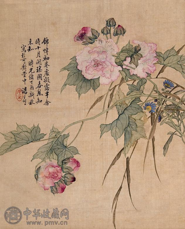 汤世澍 丁酉(1897年)作 花卉 立轴 设色绢本