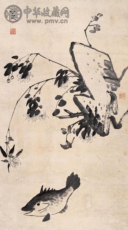 八大山人(款) 芙蓉游鱼图 立轴 纸本