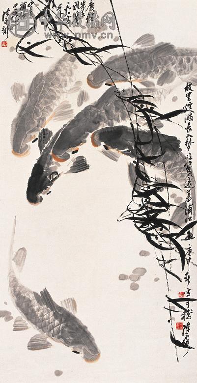 陈永锵 庚申(1980年)作 六鱼图 立轴 设色纸本