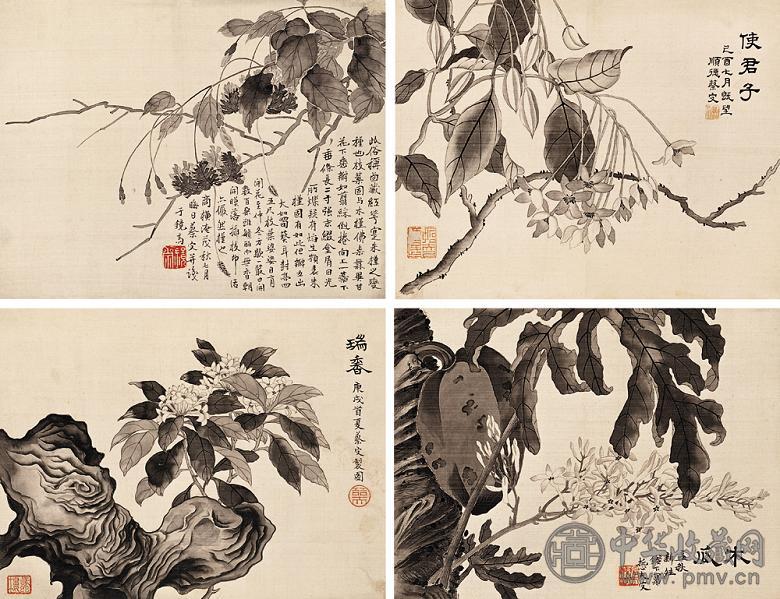 蔡哲夫 庚戌(1910年)作 花卉集锦 册页(8开选4) 水墨绢本