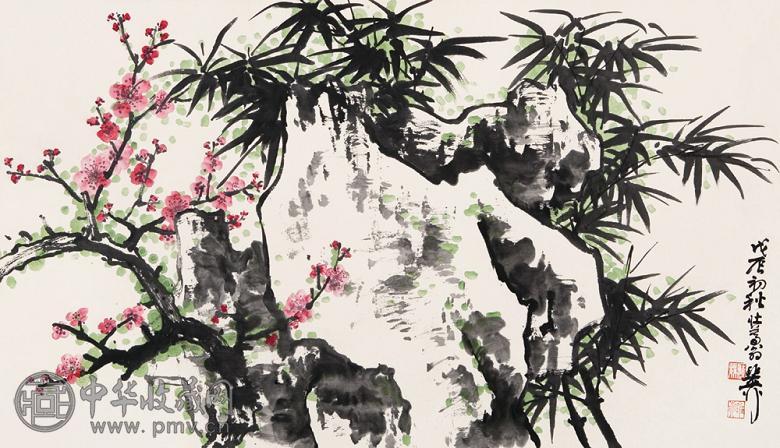 谢稚柳 戊辰(1988年)作 双清图 镜心 设色纸本