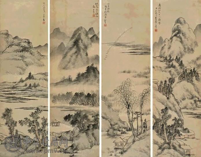 松年 甲辰(1904年)作 山水 四屏 设色纸本