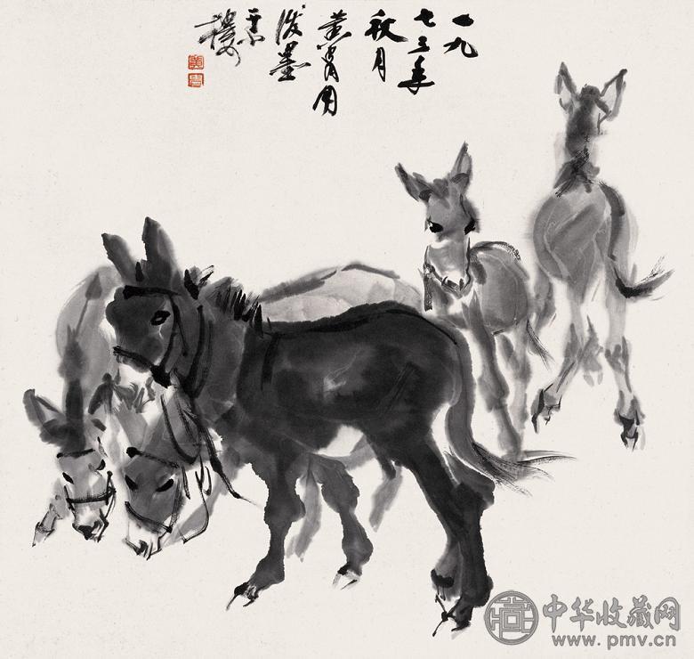 黄胄 1973年作 群驴图 立轴 水墨纸本