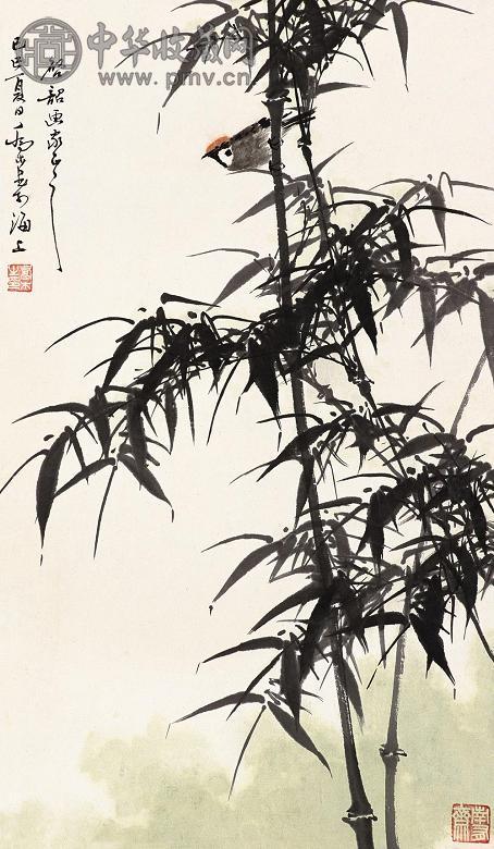 乔木 己巳(1989年)作 竹雀 立轴 设色纸本