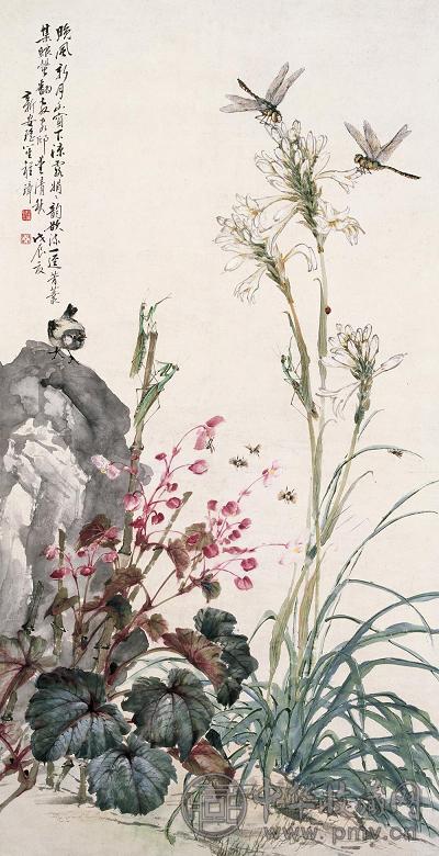 程璋 1928年作 芳丛蜋声 立轴 纸本设色