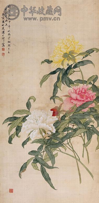 汤世澍 辛丑(1901年)作 牡丹 立轴 设色绢本