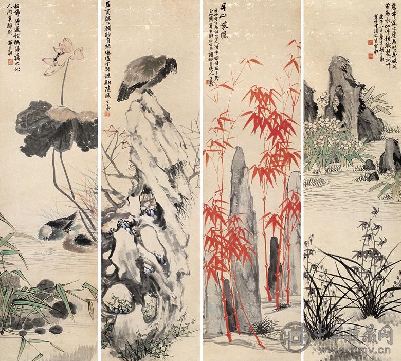 胡公寿 庚午(1870年)作 花卉 四屏 设色纸本