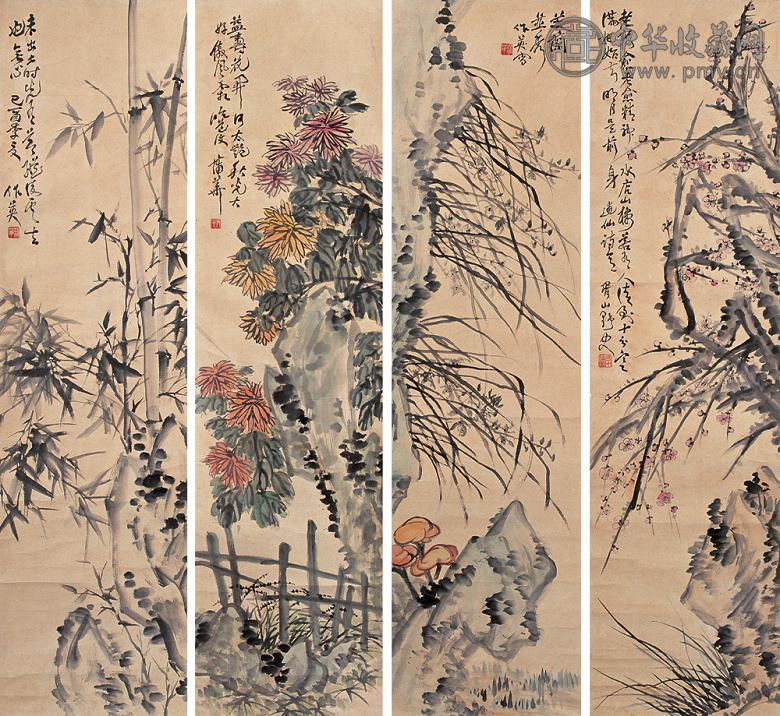 蒲华 己酉(1909年)作 梅兰菊竹 四屏 水墨纸本