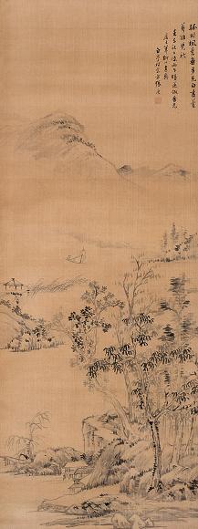 张庚 1732年作 孤村枫叶 立轴 水墨绢本