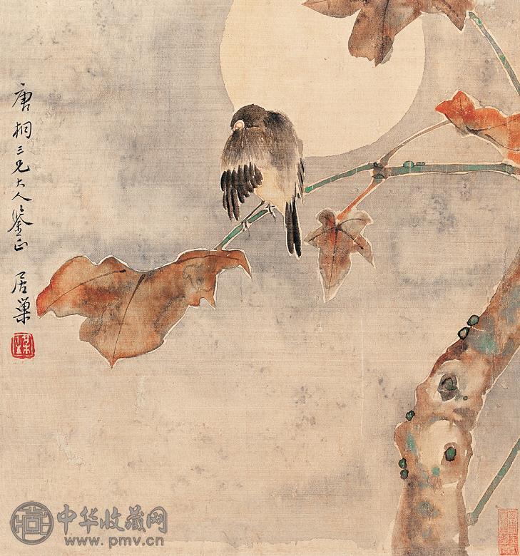 居巢 月色小鸟 镜心 设色绢本