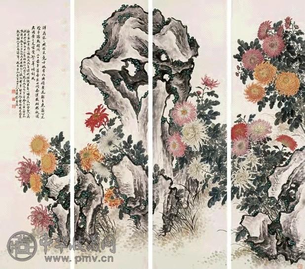 缪谷瑛 戊辰(1928年)作 花卉通景屏 四屏 设色纸本