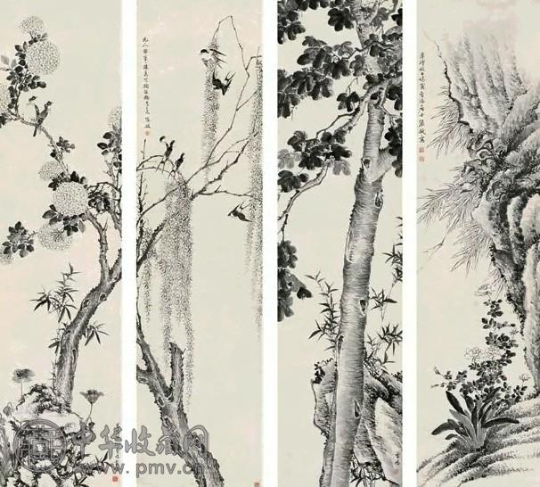 张敔 花卉 一套四屏 水墨纸本