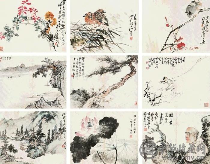 郑午昌 吴茀之等 花鸟 山水 人物 册页(9开) 设色纸本