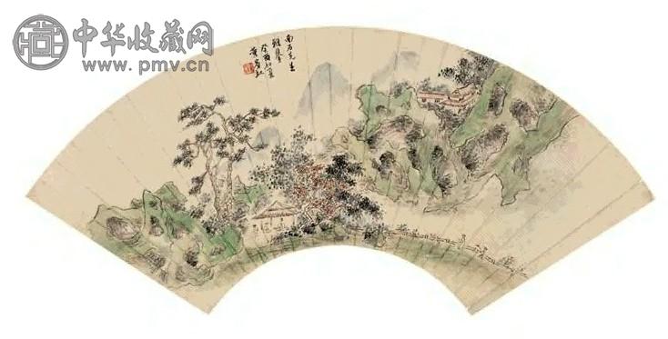 黄宾虹 1933年作 茅亭抚琴 扇面 设色纸本