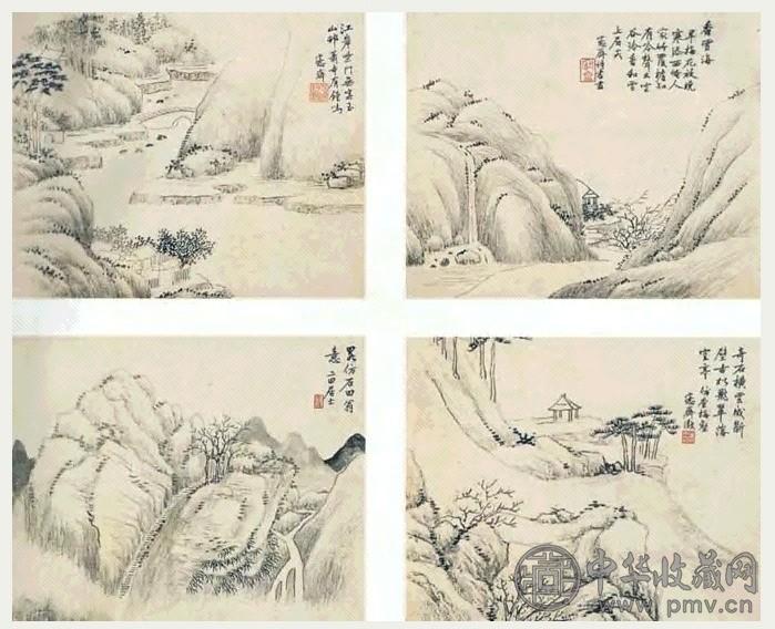 吴大澂 山水四条屏 立轴(每轴含2幅) 水墨纸本