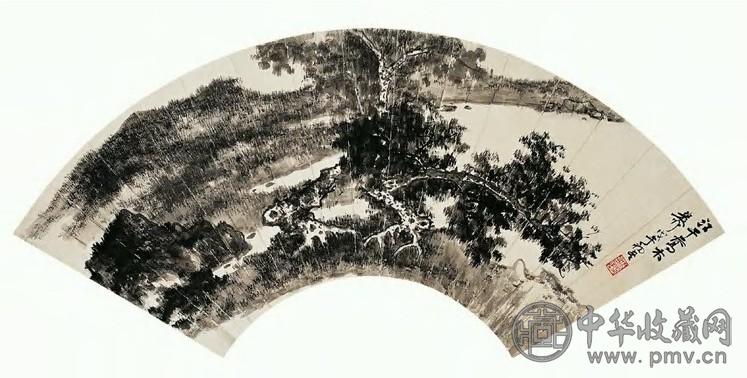 谢稚柳 1935年 江干乔木 扇面
