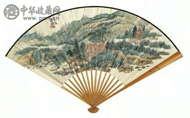 现代 萧愻 秋山图 成扇