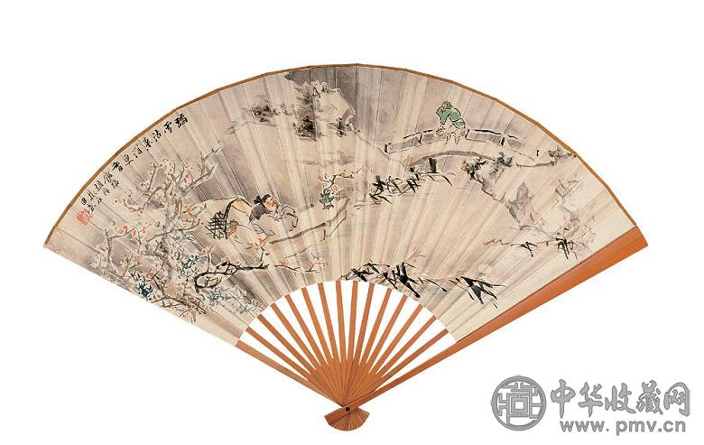 胡璋 风雪归家图 观雪图 成扇 设色纸本