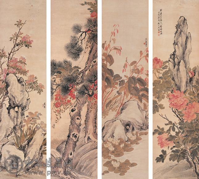 周闲 1868年作 花鸟 四屏 设色纸本