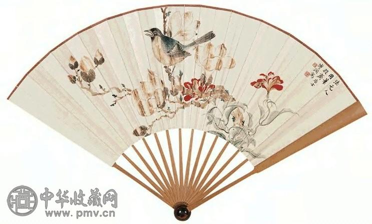 溥僴 花鸟 成扇 设色纸本