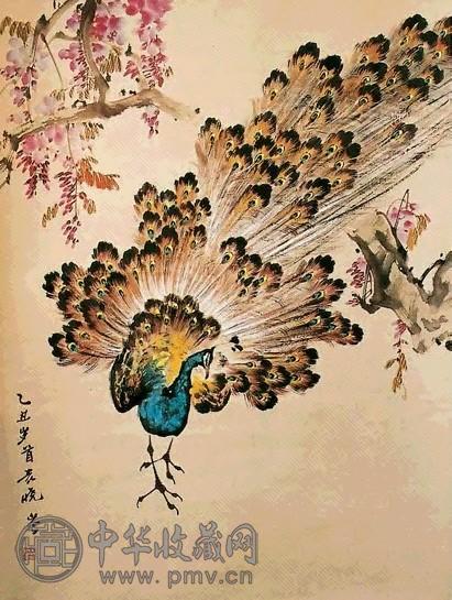 袁晓岑 1985年作 孔雀图 立轴 设色纸本