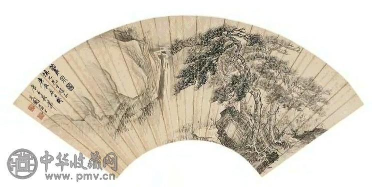 张石园 1940年作 观泉图 扇面 水墨纸本