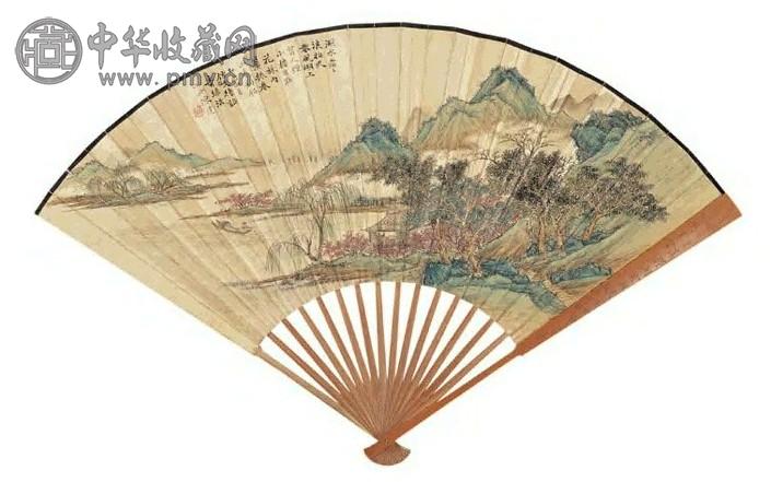 陈达 仿文徵明青绿山水 成扇 设色金笺