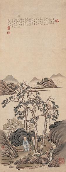 钱杜 庚辰(1810年)作 秋林月话 立轴 设色纸本