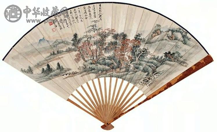 郑午昌 萧蜕闇 山水 书法 成扇 设色纸本