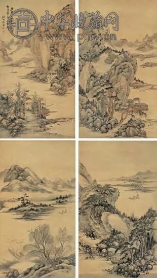 王昉 同治庚午年(1870年)作 仿古山水屏 立轴 设色绢本