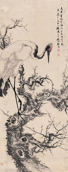 胡璋 1887年作 天寒有鹤守梅花 立轴 设色纸本