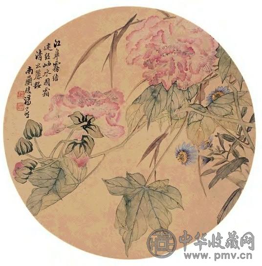 汤世澍 江皋红花图 立轴 设色绢本