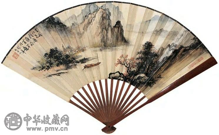 黄幻吾 杨亦农 塔影扁舟图 楷书毛泽东诗词 成扇 设色纸本