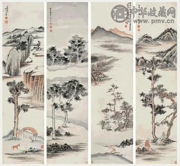 马逸 1825年作 山水 四屏条 设色纸本