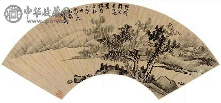 赵有彬 书楼待月听江声 扇面 水墨纸本