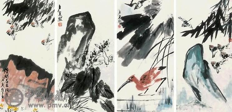 卢光照 花鸟 四屏 纸本